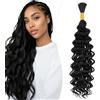 Elailite Extension Capelli Veri Tessitura Matassa Bulk Human Hair Ricci per Boho Braids Trecce/Crochet/Colla Deep Wave 60cm (1Pack=50g) #1B Nero Naturale