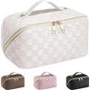 EECH Beauty Case Donna,Trousse Trucchi Donna Borsa Cosmetica da Viaggio in Aggiornata Pelle PU,Borsa Porta Trucchi da Toilette Makeup Bag Organizer(Scacchi-Bianco)