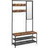 VASAGLE Appendiabiti con Scarpiera, Mobile Ingresso con Ganci, Specchio, Panca e Ripiani, 35 x 98 x 180 cm, Corridoio Camera da Letto Salotto, Industriale, Marrone Vintage e Nero Inchiostro HSR415B01