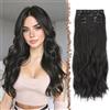 FESHFEN Extension Capelli a Clip - 4 pezzi Lunga Ricci Ondulati Sintetici Naturali Posticci Capelli Extension con Clip per Donna, 60 cm Nero Naturale