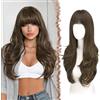 FESHFEN Lunga Parrucca con Frangia - Marrone Parrucche Donna Capelli Lunghi Ondulato Naturali Sintetico Parrucca di Capelli a Strati per Partito Quotidiano, 65 cm Castano con Riflessi