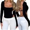 AOWVUTS Body Donna Maniche Lunghe Sexy Schiena Scoperta Bodysuit con Scollo Quadrato Elegante Morbida T-Shirt Casuale Elasticizzato Tuta Aderente Jumpsuits Tops Autunno Inverno per Uscire