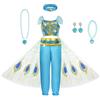 AOOWU Costume Vestito Jasmine Principessa per Ragazza Bambini, 7PCS Set Jasmine Principessa Abiti Ragazze con Orecchini, Collana, Anelli, Cerchietti, per Festa Danza Compleanno Halloween Cosplay