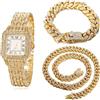 HALUKAKAH Orologio d'oro con Diamanti,Uomo Placcato Oro 18 Carati/Oro Rosa/Platino Placcato Oro Bianco 33MM Larghezza Quadrante Quadrato Quartz 20cm con Catena Cubane Collana Bracciale