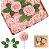 yayafunfun Rose Schiuma Rosa Scuro,Teste di Fiori Artificiali 25 Pezzi, Rose Finte Schiuma Teste di Rose Con Foglie,Rosa Artificiali in Gommapiuma per Matrimonio Bouquet Sposa Torte DIY Decorazioni