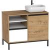 Muebles Pitarch | Mobile da bagno industriale con lavabo in ceramica incluso, struttura a piedi, 2 ripiani, cassetto e porta, Bianco Rovere e Nero, per lavabo da appoggio, 100cm, Moderno,