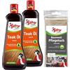 Poliboy Olio per Legno Teak, Olio per la Cura del Legno per legni duri Scuri, Protezione del Legno e rinnovamento dei Colori, Ideale per mobili da Giardino, 2x500 ml, con Panno, Prodotto in Germania