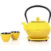 ECHTWERK Servizio da tè in ghisa, teiera da 1,1 l con colino rimovibile, set da teiera vintage con 2 tazze da tè, colore giallo
