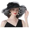 OhMill Elegante cappello da sole da donna in organza, a tesa larga, decorato con fiori, da viaggio, da spiaggia, per matrimoni, cocktail, bianco, Taglia unica