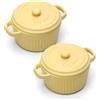 Penbinmall Mini cocotte con coperchio, pirofila in ceramica con manici e coperchio, stampini rotondi con coperchio per lasagne, soufflé, crème brûlée, dessert, per microonde e forno (Giallo, S-250ml-2pc)