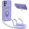 YFSYLL Cover Compatibile con Samsung Galaxy S23 Ultra con Cordino,Custodia con Cordino Silicone Cover,Protezione Fotocamera,360°Anello Supporto,Porta Carte,Viola