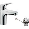 hansgrohe Focus - Rubinetto per lavabo con scarico a tirante, Miscelatore lavabo risparmio idrico (EcoSmart) con altezza bocca 94 mm, cromo, 31607000