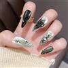 FrostyFlair Press On Nails, 24 pezzi unghie mandorla di media lunghezza da incollare, stella scintillante argentata in stile gotico-nero scuro Press On Nails lunghe
