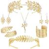Bssowe 7 Pezzi Dea Greca Costume Accessori Set, Damigella D'onore Tiara Greca, Corona Della Dea, Corona Alloro, Romano Alloro Foglie Corona Braccialetto Orecchini Copricapo Anello Foglia Collana (Golden)