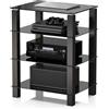 FITUEYES Supporto HIFI con 4 Ripiani in Vetro Nero, Rack HiFi ad Altezza Regolabile, Mobile Giradischi 60 × 46 × 77 cm, Carico 40 kg, per Amplificatore/Giradischi