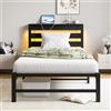 VERFARM Struttura letto 90 x 200 cm con LED, letto in metallo con stazione di ricarica USB e testiera in legno con vano portaoggetti, letto singolo per ragazzi con rete a doghe in metallo, facile da