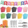 GOTDYBST 110 accessori per candy bar, contiene 100 sacchetti per caramelle e 4 pinze per zucchero con punta rotonda, 2 pala per candybar e 3 fogli adesivi e 1 ghirlanda decorativa blu, adatta per feste
