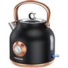 NESSGRAIM Bollitore retrò, bollitore da 1,7 l, in acciaio inox, con grande indicatore di temperatura, 2200 W, riscaldamento rapido con indicatore LED, nero, K59-B