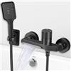 Yowmina Rubinetto Vasca da Bagno Nero Parete a Cascata con Doccetta 3 Funzioni, Tubo 1,5m, Miscelatore Ottone Antiperdite, Attacco G1/2 per Bagno