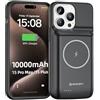 NEWDERY Custodia con batteria per iPhone 15 Pro Max/iPhone 15 Plus 10000 mAh, custodia di ricarica portatile ricaricabile con USB C, Qi e supporto wireless magnetico per iPhone 15 Pro Max/Plus