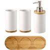 OnePine Set di 4 Accessori per Bagno, Ceramica, con Dispenser per Sapone, Portaspazzolino, Bicchiere per Lo Spazzolino, Vassoio di bambù