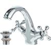 JUNSOTTOR Rubinetto tradizionale vittoriano per lavabo, doppia maniglia a croce, rubinetto monoblocco per lavabo con scarico pop-up e tubi britannici, finitura cromata lucida anticata, beccuccio a