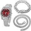 HALUKAKAH Orologio d'oro con Diamanti,Bambino Platino Placcato Oro Bianco 36MM Larghezza Rosso Quadrante Quartz 20cm con Catena Cubane18+40cm Collana Bracciale,Confezione Regalo Gratuita