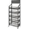 Fivaz Espositore per snack da supermercato 5 ripiani, espositore per negozi nero indipendente con 12 ganci e 4 ruote, grande scaffale per snack in metallo per attività commerciali