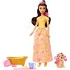 Mattel Disney Princess - Belle e Cucciolo Momenti di Bellezza, bambola alla moda e cagnolino con macchie cambia colore, accessori inclusi, ispirato a La Bella e la Bestia, 3+ anni, JFC42