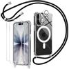 Olgary Magnetica Cover con Cordino per iPhone 17 con 2 Vetro Temperato e 2 Vetro Fotocamera, Trasparente Ultra Sottile Silicone Antiurto Protettiva Custodia con Regolabile Laccio Collana, Nero