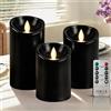 PinnWaa Candele LED in Vera Cera, Set da 3 Senza Fiamma a Colonna, Nero | Telecomando a 10 Tasti, Timer 2/4/6/8 Ore, Funzionamento a Batteria, Luce Tremolante, Decorazione Interni, H 10/12.5/15 cm