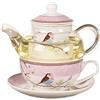 YBKTEX YBK Tech - Teiera in vetro con infusore in porcellana, tazza e piattino, teiera e tazza da tè per una persona (rosa)