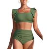 Vijamiy Costume Donna Due Pezzi Vita Alta Bikini Push-up con Scollo Quadrato Costumi da Bagno Piscina e da Spiaggia da Eleganti Dettagli con Volant(Stampa Gialla,XL)