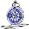 TREEWETO Orologio da tasca - Serie liscia doppia cassa scheletro quadrante blu movimento meccanico con catena, argento/oro, Argento, Classico