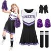 Moerstar Vestito Carnevale Cheerleader Bambina, Set Costume Cheerleader Bambina con Pom Pom Cheerleader e Mollette Capelli con Fiocco Vestito Carnevale Cheerleader per Ragazza (Nero, 120)