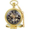Tiong Orologio da tasca in legno, meccanico, Steampunk, elegante, in rame, con quadrante aperto, da uomo, con scatola a catena, idea regalo