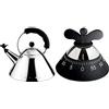 Alessi 9093 B Bollitore con Manico e Fischietto a Uccellino di Design in Acciaio Inox, Nero & Kitchen Timer A09 B da Cucina di Design con Movimento Meccanico in Resina Termoplastica, Nero