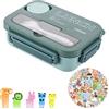 Rieoany Porta Pranzo Impermeabile 1300ml Lunch Box Bambini Con 4 Scomparti, Forchette & Adesivi Animali, Sicuro Per Microonde. Ideale Come Porta Merenda Scuola