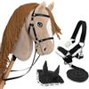 Hobby Horse Land - Cavallo cavalcabile Beige A3, con bastone, rete, morso, redini, capezzina e copricapo anti-insetti, testa di cavallo nera e bianca per bambini e adolescenti
