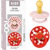 BIBS Polka Dots Ciuccio confezione da 2 pezzi. Privo di BPA, Tettarella tonda. Lattice di gomma naturale, Prodotto in Danimarca, Taglia 2 (6-18 mesi), Blossom/Candy Apple