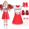 Moerstar Vestito Carnevale Cheerleader Bambina, Set Costume Cheerleader Bambina con Pom Pom Cheerleader e Mollette Capelli con Fiocco Vestito Carnevale Cheerleader per Ragazza (Rosso, 130)