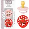 BIBS Polka Dots Ciuccio confezione da 2 pezzi. Privo di BPA, Tettarella tonda. Lattice di gomma naturale, Prodotto in Danimarca, Taglia 1 (0-6 mesi), Blossom/Candy Apple