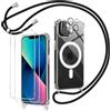Olgary Magnetica Cover con Cordino per iPhone 13 con 2 Vetro Temperato e 2 Vetro Fotocamera, Trasparente Ultra Sottile Silicone Antiurto Protettiva Custodia con Regolabile Laccio Collana, Nero