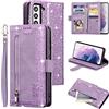 UEEBAI Custodia per Samsung Galaxy S21 FE 5G, Portafoglio in Pelle PU Retro Antiurto Flip Cover Antiurto con Slot per Schede Funzione Stand Chiusura Magnetica - Glitter Viola