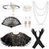 TRUEIN 8 Pezzi Set di Accessori Anni 20 Donna, 1920 Accessori Flapper Anni 20s Gatsby Costume Set, Charleston Accessori con Scialle Nero e Oro, Ventaglio Vintage, Guanti, Collana di Perle per Festa Ballo