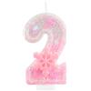 mciskin 2 candele di compleanno glitterate con fiocco di neve rosa numero 2 candele per torte, decorazioni per il 2° compleanno per ragazze, decorazioni per torte a tema congelato, per ragazze e donne