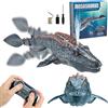 ALEENFOON 2.4GHz Barca Telecomandata Mosasaurus con Luce & Spray, Doppio Eliche RC Barca Telecomandata Dinosaur per Bambini, RC Squalo Motoscafo, Piscine e Laghi Giocattolo Spruzzare Acqua (grigio)