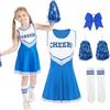 Moerstar Vestito Carnevale Cheerleader Bambina, Set Costume Cheerleader Bambina con Pom Pom Cheerleader e Mollette Capelli con Fiocco Vestito Carnevale Cheerleader per Ragazza (Blu, 120)