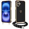E-Lush Custodia per iPhone 16 Plus con cinturino, motivo cuore amore in silicone galvanizzato, custodia protettiva con cordino per appenderla, protezione per la fotocamera, custodia antiurto, nero