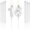 mciskin Candele d'argento per il 16° compleanno - Candela 3D numero 16 per torta con set di 6 candele lunghe/sottili, topper per torta d'argento per decorazioni di compleanno per ragazza/ragazzo